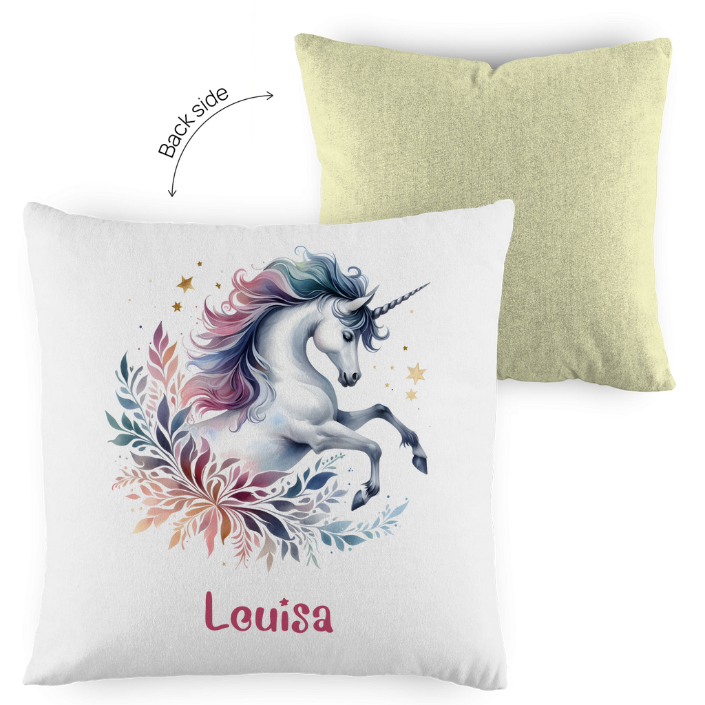 Kopfkissen Einhorn personalisiert mit Wunschname 40x40 cm mit Füllung zweifarbig