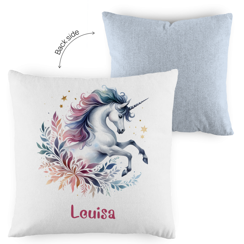 Kopfkissen Einhorn personalisiert mit Wunschname 40x40 cm mit Füllung zweifarbig