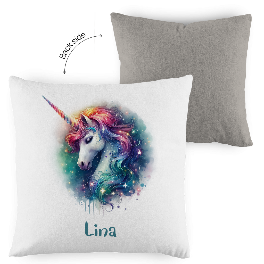 Kopfkissen Einhorn personalisiert mit Wunschname 40x40 cm mit Füllung zweifarbig