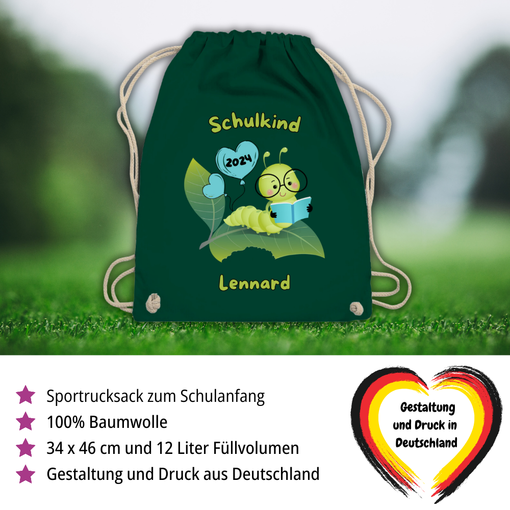 Sportbeutel Schule personalisiert Bücherwurm Mädchen Junge Turnbeutel 37x46 cm