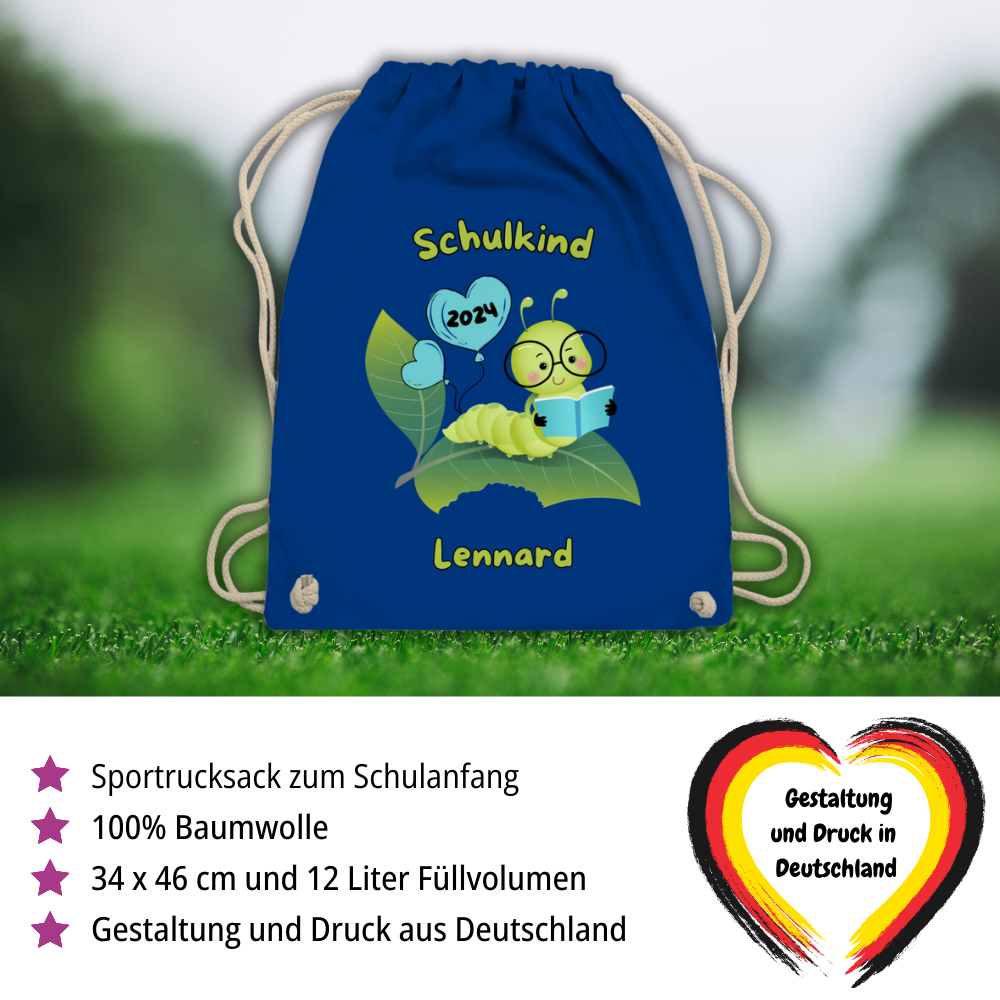 Sportbeutel Schule personalisiert Bücherwurm Mädchen Junge Turnbeutel 37x46 cm