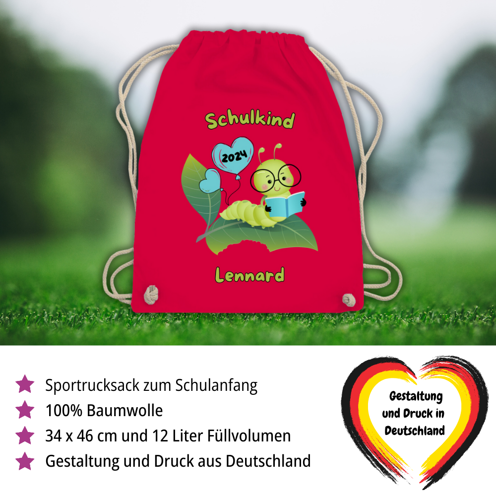 Sportbeutel Schule personalisiert Bücherwurm Mädchen Junge Turnbeutel 37x46 cm