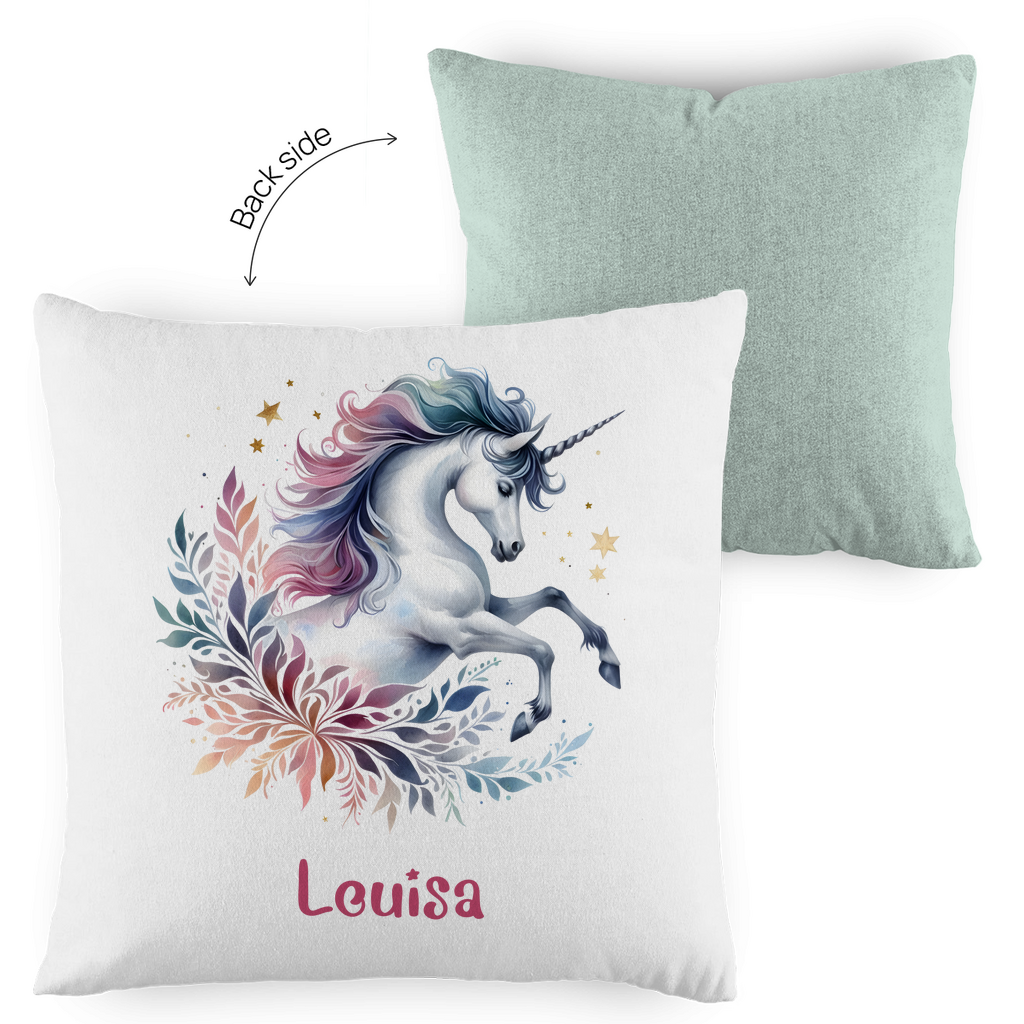 Kopfkissen Einhorn personalisiert mit Wunschname 40x40 cm mit Füllung zweifarbig