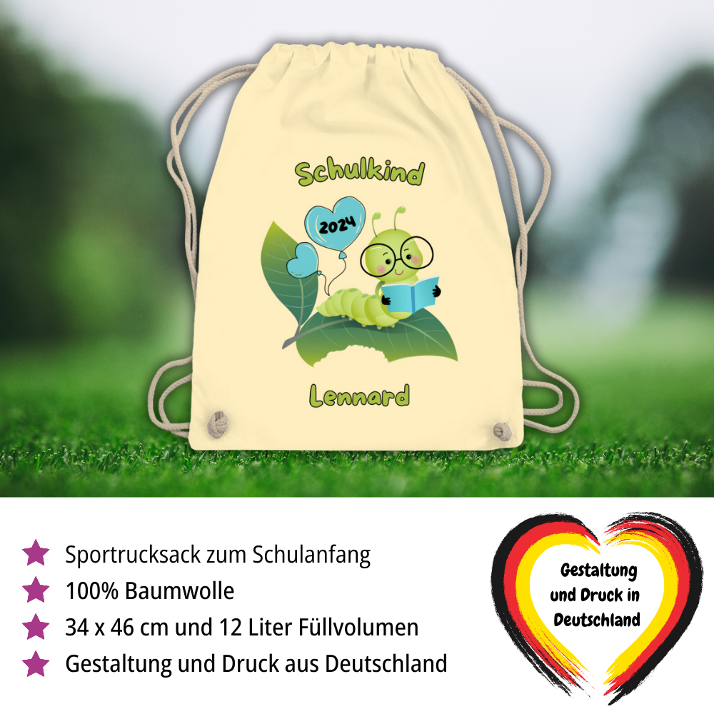 Sportbeutel Schule personalisiert Bücherwurm Mädchen Junge Turnbeutel 37x46 cm