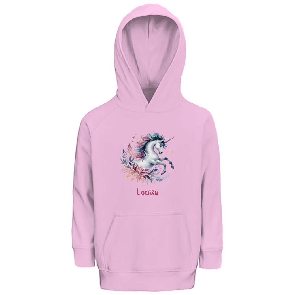 Kinder Premium Bio Hoodie Einhorn personalisiert mit Wunschname Geschenk