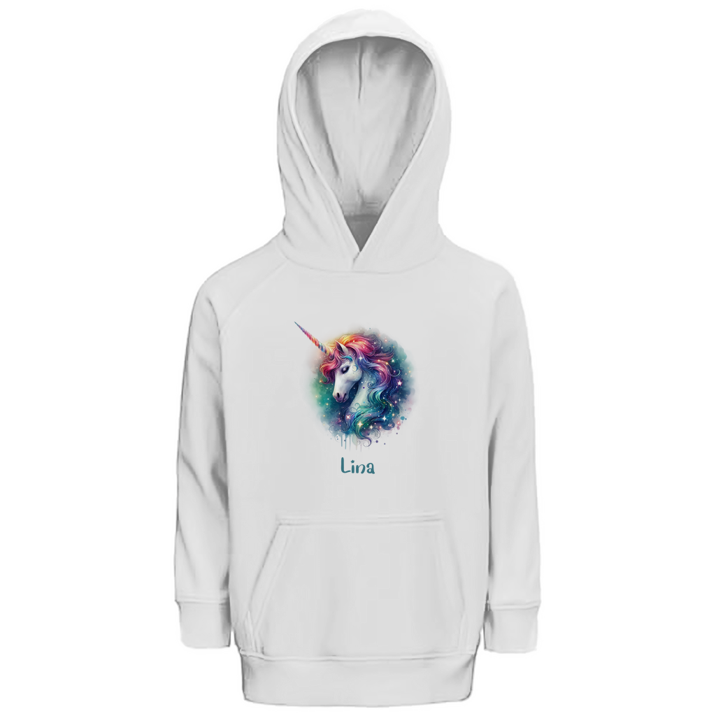 Kinder Premium Bio Hoodie Einhorn personalisiert mit Wunschname Geschenk