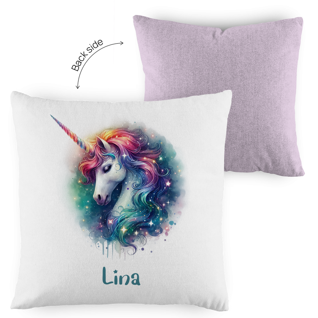 Kopfkissen Einhorn personalisiert mit Wunschname 40x40 cm mit Füllung zweifarbig