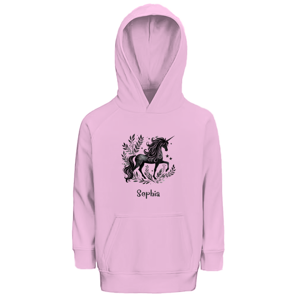 Kinder Premium Bio Hoodie Einhorn personalisiert mit Wunschname Geschenk
