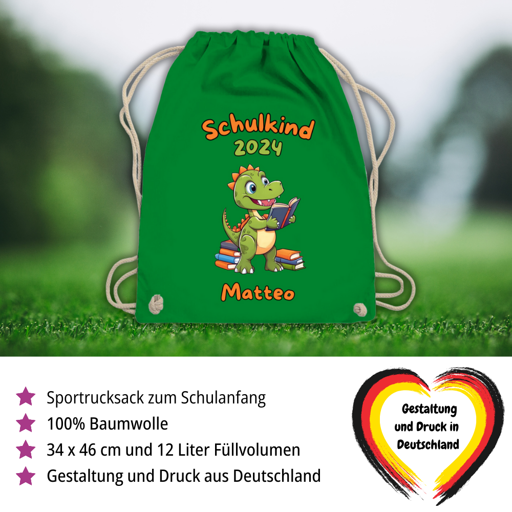 Sportbeutel Schule personalisiert Dinosaurier Junge Turnbeutel 37x46 cm