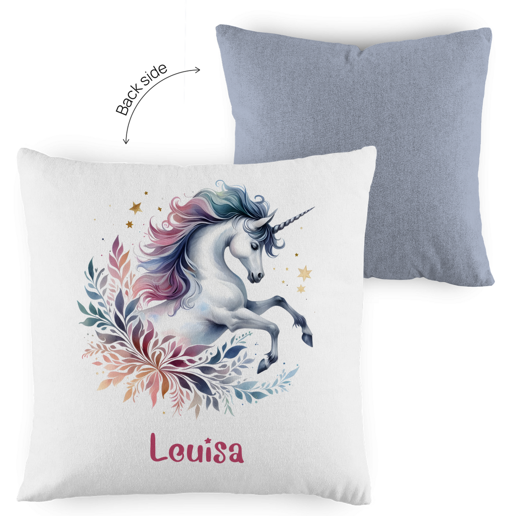 Kopfkissen Einhorn personalisiert mit Wunschname 40x40 cm mit Füllung zweifarbig