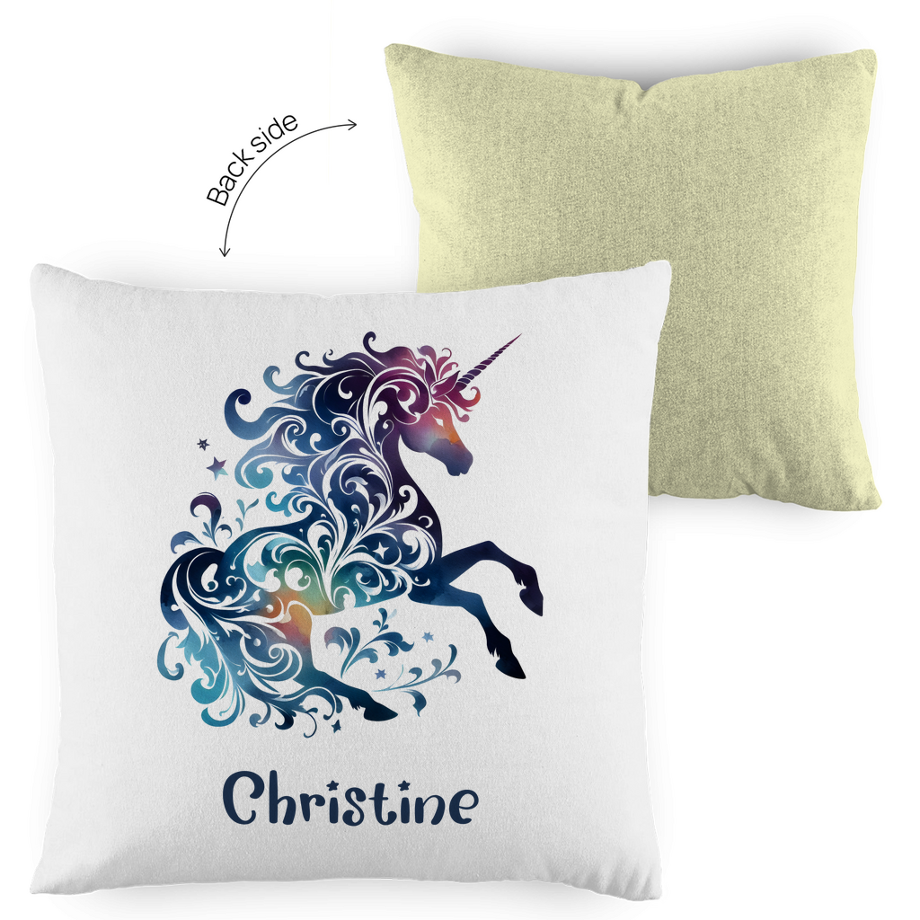 Kopfkissen Einhorn personalisiert mit Wunschname 40x40 cm mit Füllung zweifarbig