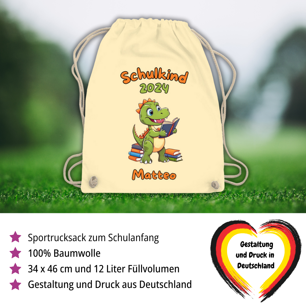 Sportbeutel Schule personalisiert Dinosaurier Junge Turnbeutel 37x46 cm