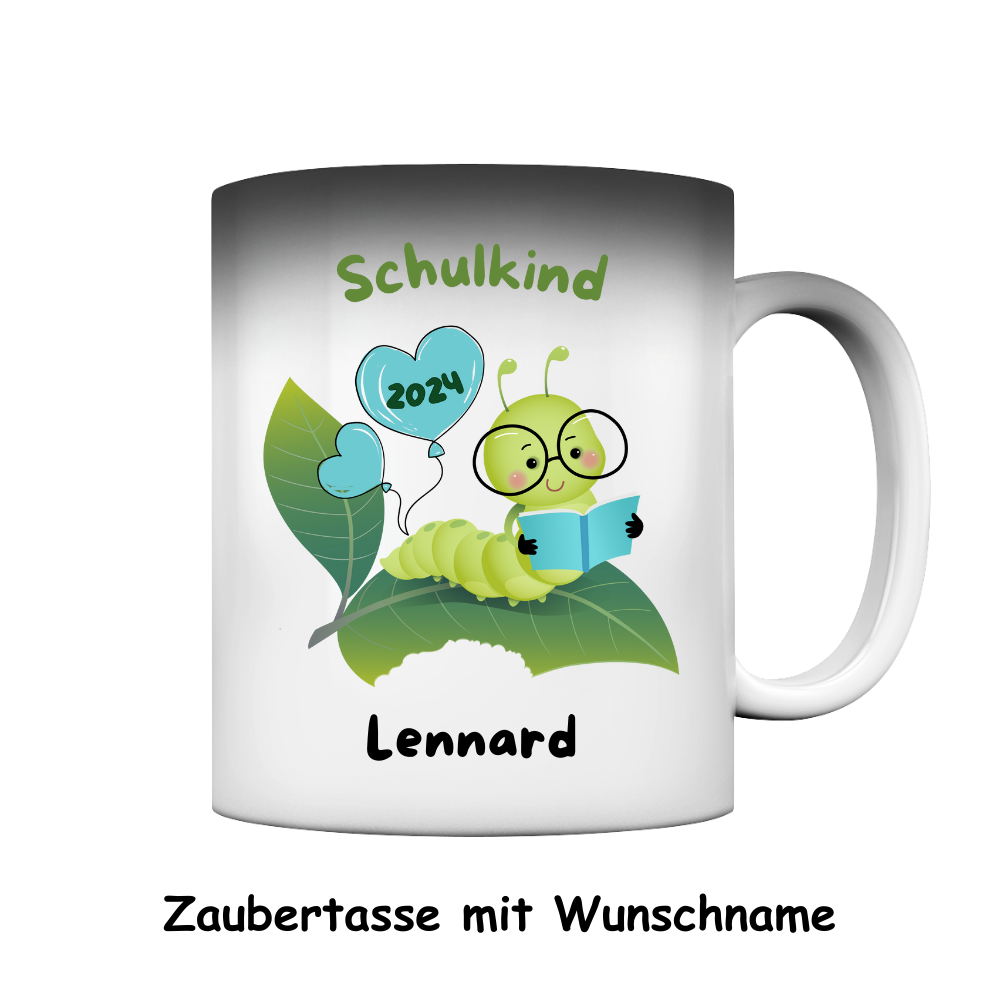 Personalisierte Zaubertasse Schulanfang Bücherwurm Wunschname Jungs Mädchen