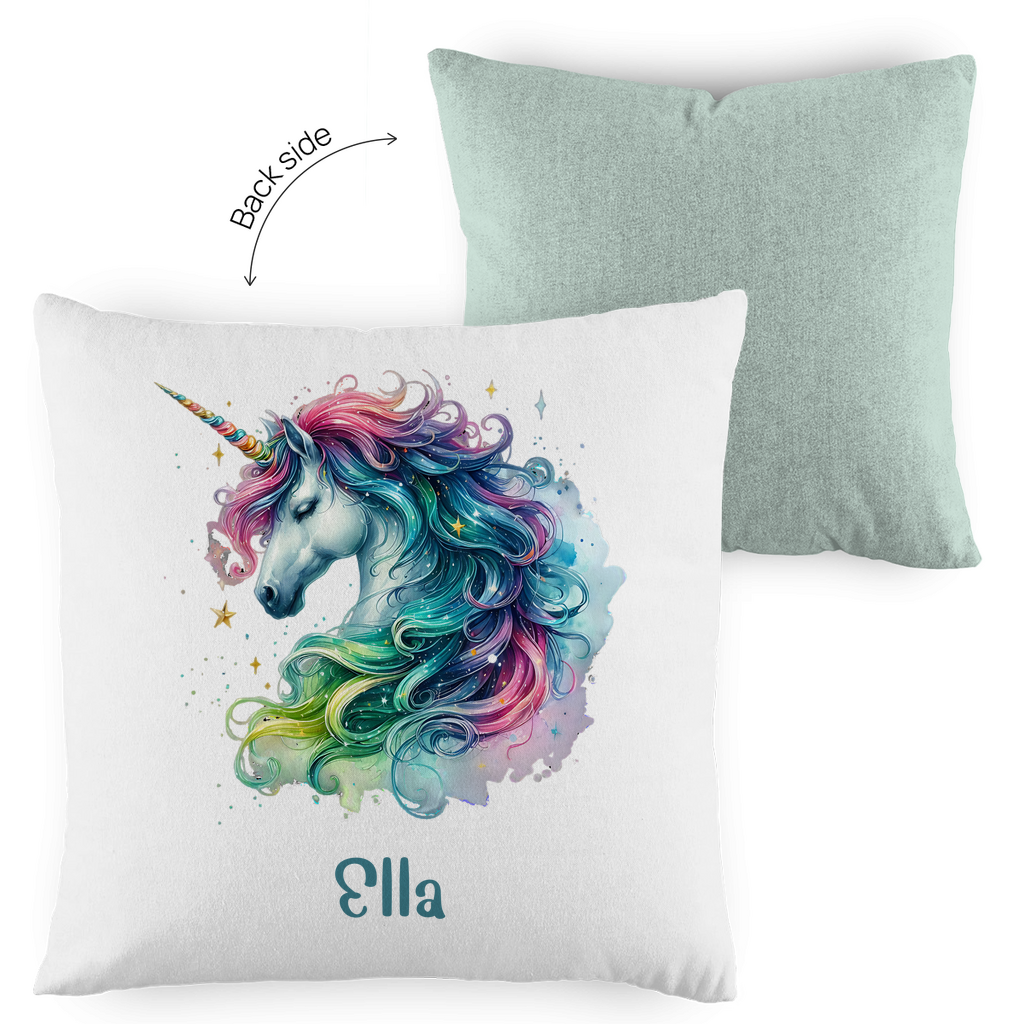Kopfkissen Einhorn personalisiert mit Wunschname 40x40 cm mit Füllung zweifarbig