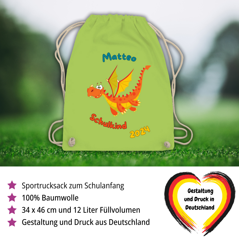 Sportbeutel Schule personalisiert Drache Junge Turnbeutel 37x46 cm