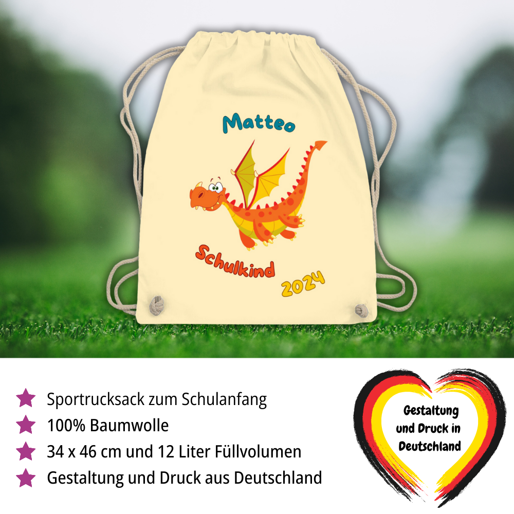Sportbeutel Schule personalisiert Drache Junge Turnbeutel 37x46 cm