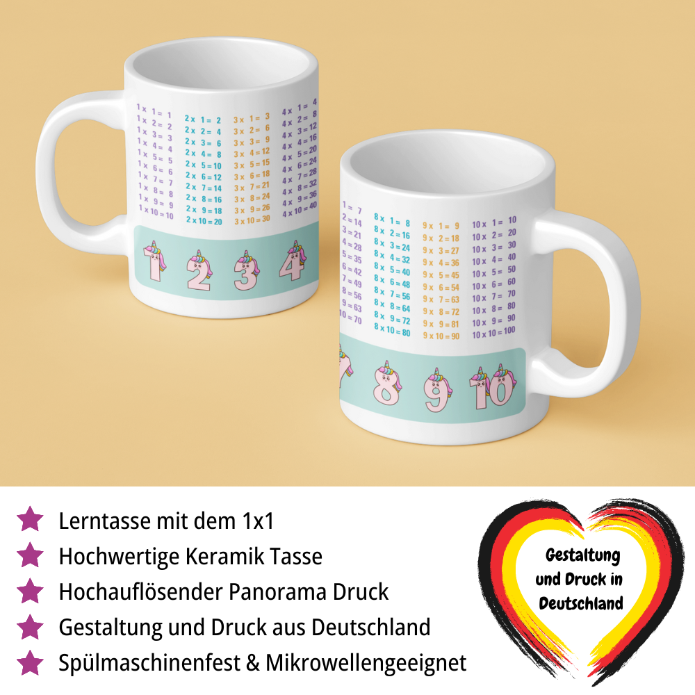 Lerntasse Mathe 1x1 Einhorn Zahlen Tasse Lernhilfe Schulkind Mädchen