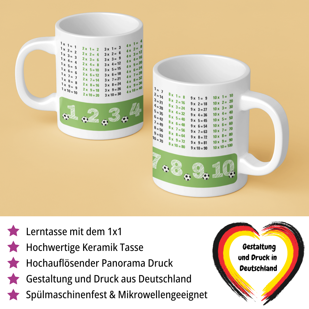 Lerntasse Mathe 1x1 Fußball Zahlen Tasse Lernhilfe Schulkind Junge Mädchen