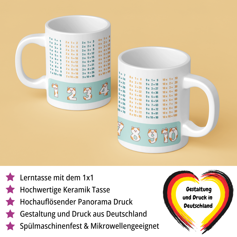Lerntasse Mathe 1x1 Katzen Zahlen Tasse Lernhilfe Schulkind Junge Mädchen