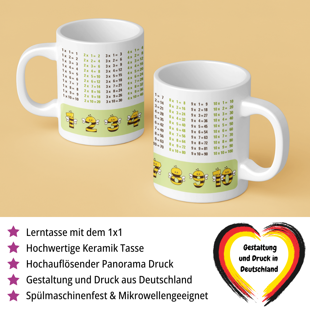 Lerntasse Mathe 1x1 Bienen Zahlen Tasse Lernhilfe Schulkind Junge Mädchen