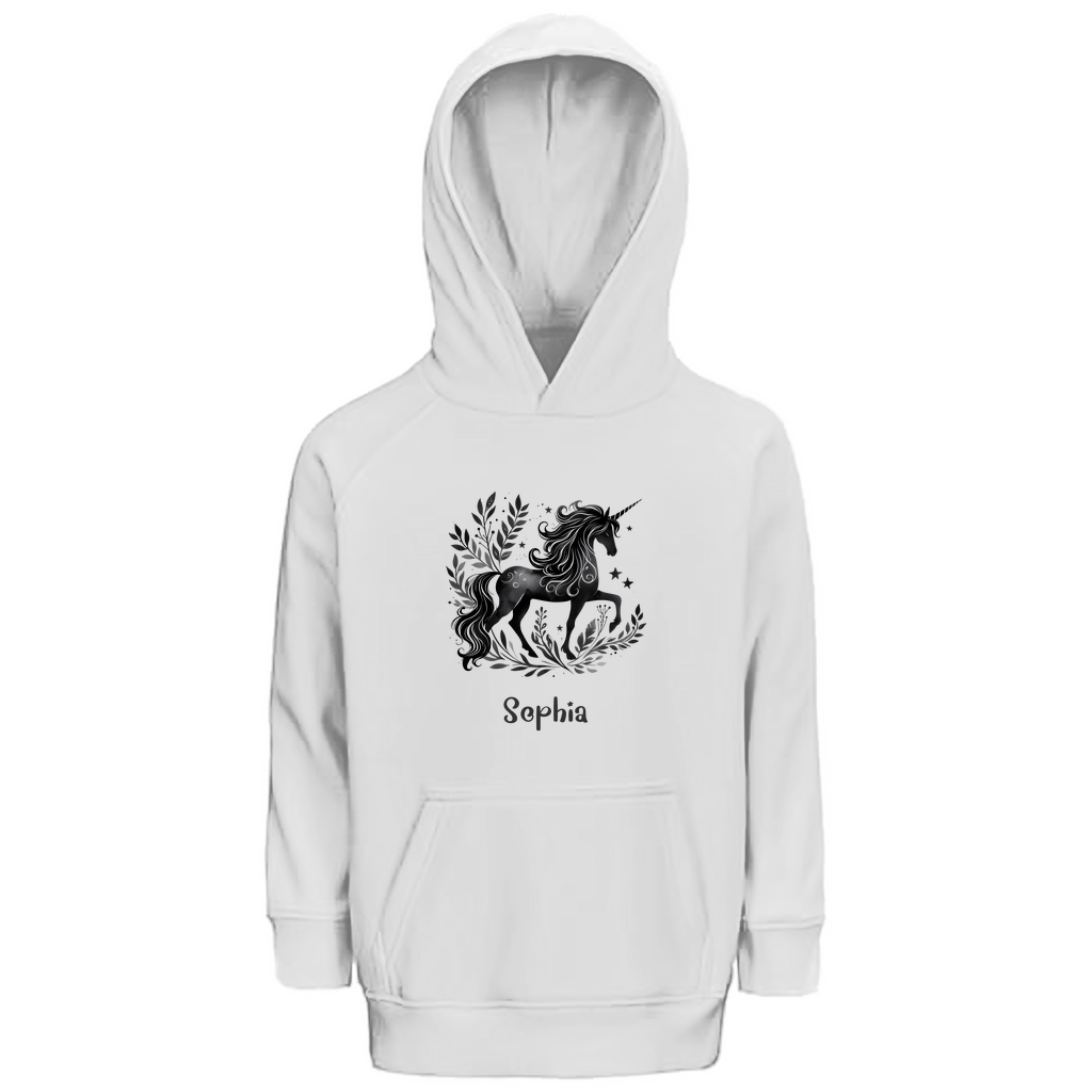 Kinder Premium Bio Hoodie Einhorn personalisiert mit Wunschname Geschenk