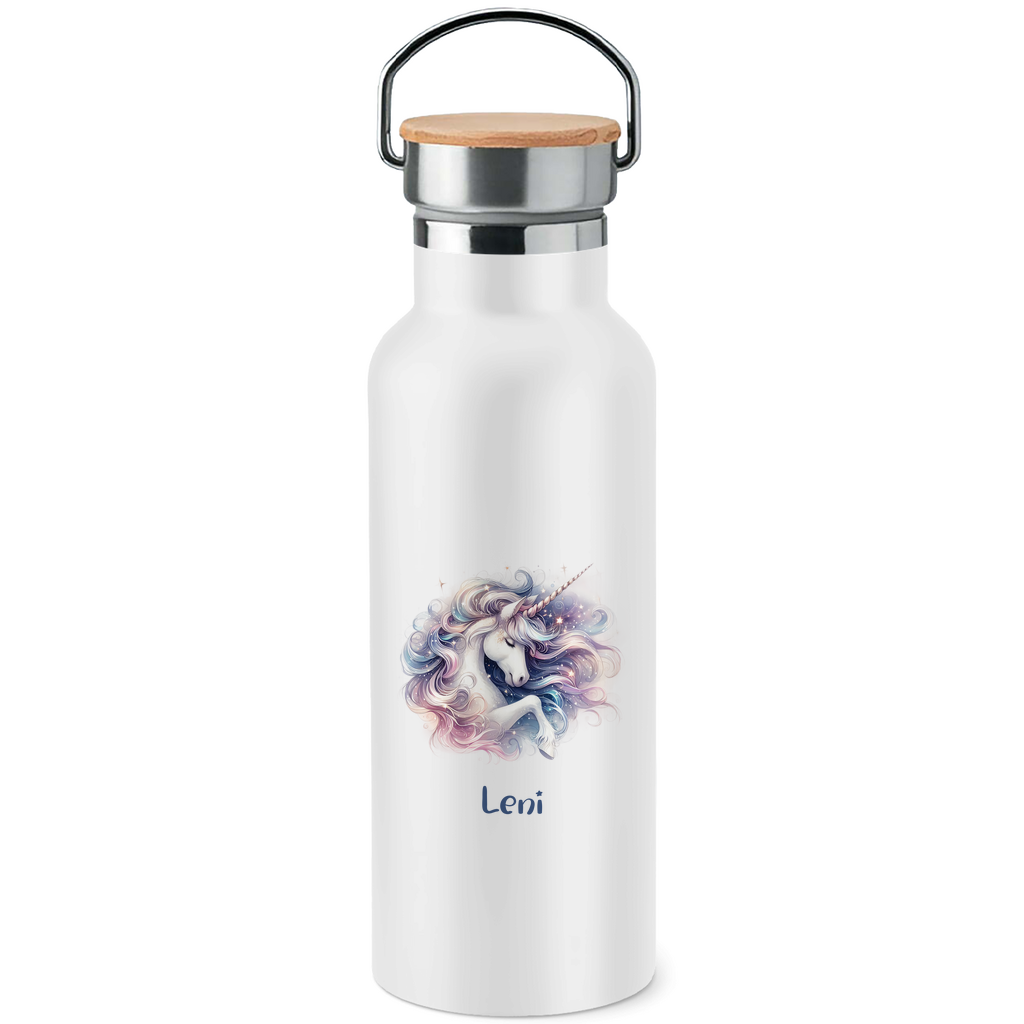 Edelstahl Trinkflasche mit Bambusdeckel Einhorn personalisiert mit Wunschname