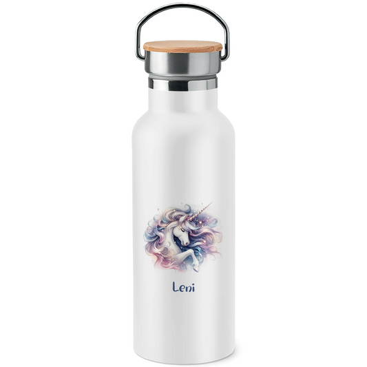 Edelstahl Trinkflasche mit Bambusdeckel Einhorn personalisiert mit Wunschname