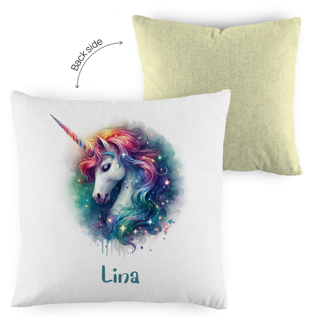 Kopfkissen Einhorn personalisiert mit Wunschname 40x40 cm mit Füllung zweifarbig