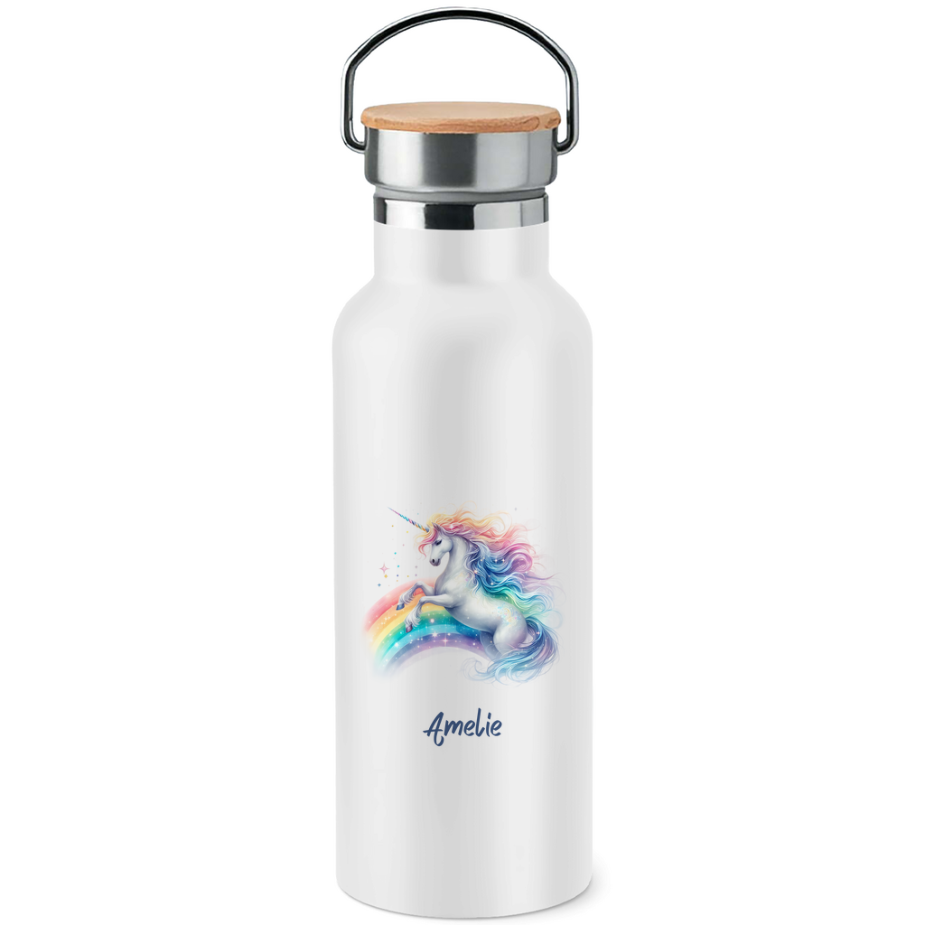 Edelstahl Trinkflasche mit Bambusdeckel Einhorn personalisiert mit Wunschname