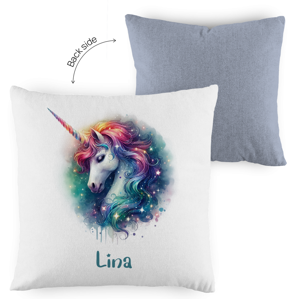 Kopfkissen Einhorn personalisiert mit Wunschname 40x40 cm mit Füllung zweifarbig