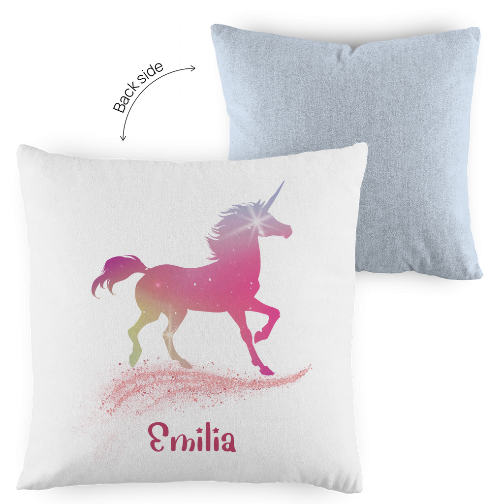 Kopfkissen Einhorn personalisiert mit Wunschname 40x40 cm mit Füllung zweifarbig