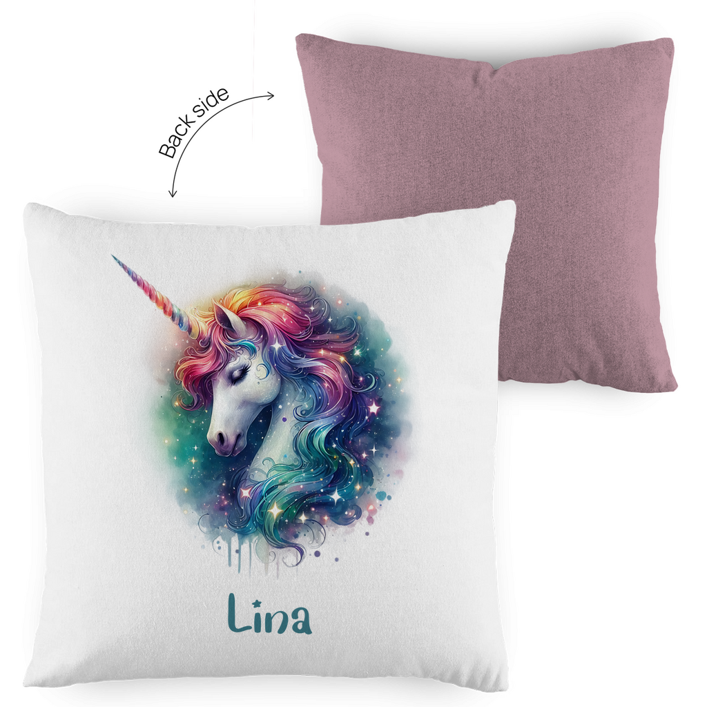 Kopfkissen Einhorn personalisiert mit Wunschname 40x40 cm mit Füllung zweifarbig