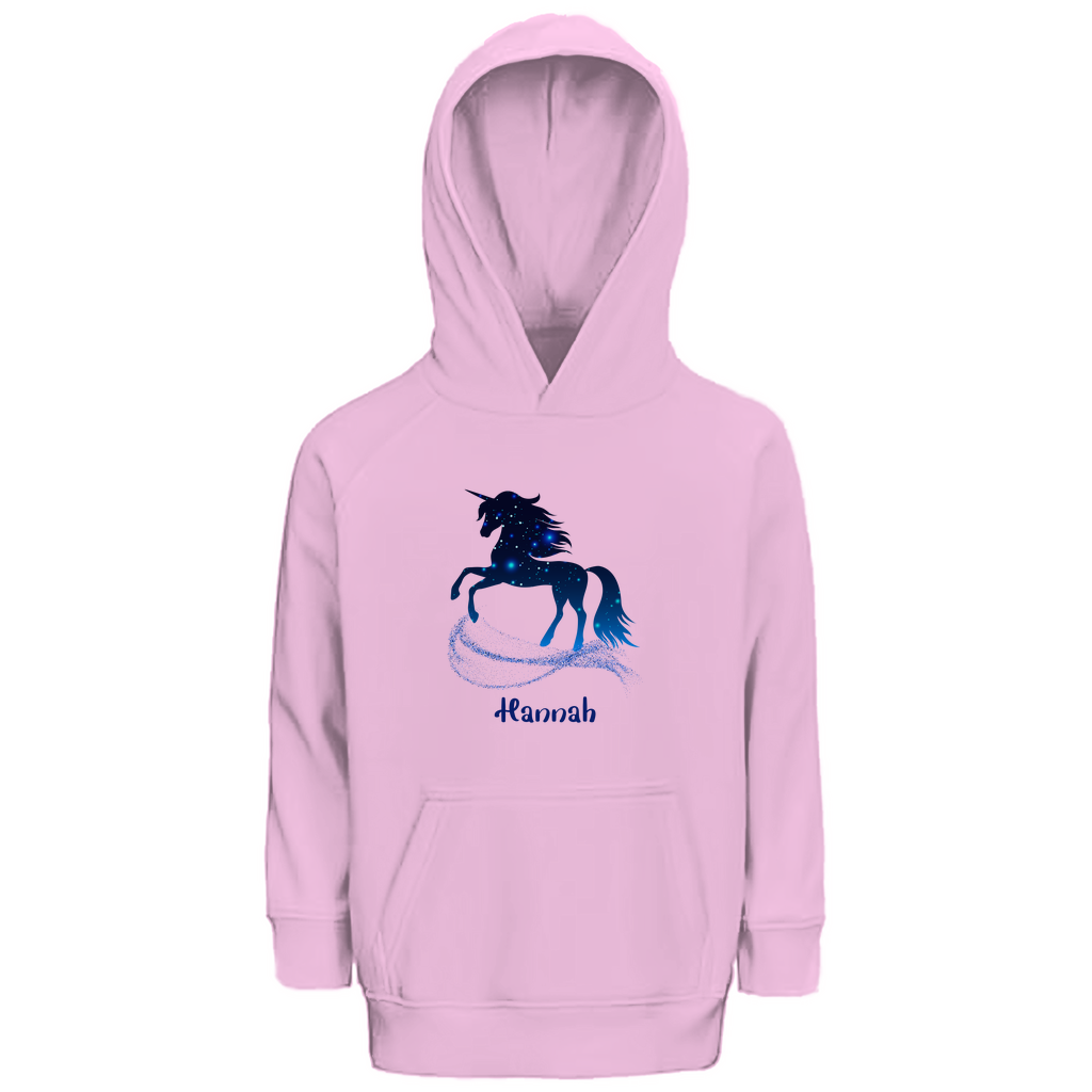 Kinder Premium Bio Hoodie Einhorn personalisiert mit Wunschname Geschenk