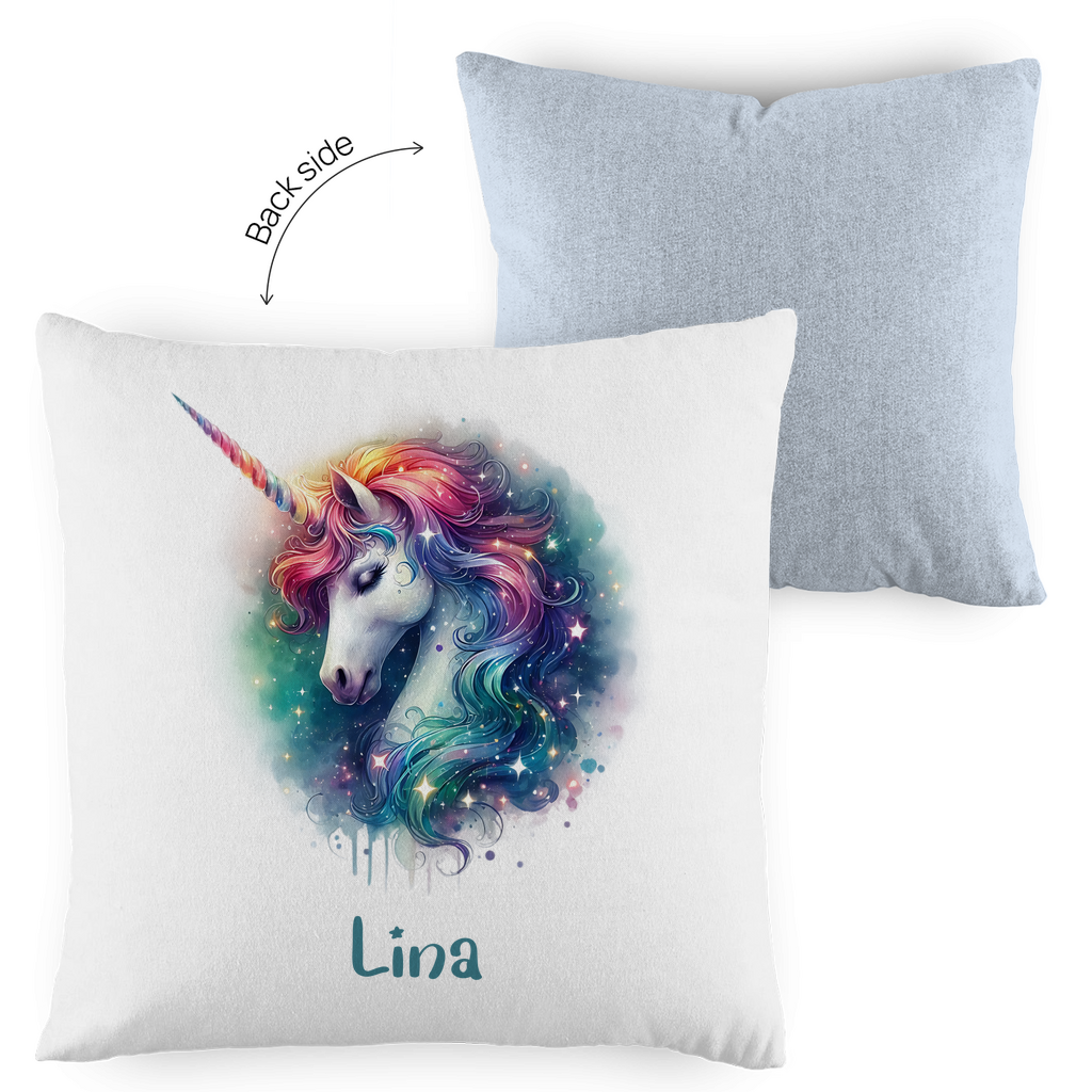 Kopfkissen Einhorn personalisiert mit Wunschname 40x40 cm mit Füllung zweifarbig