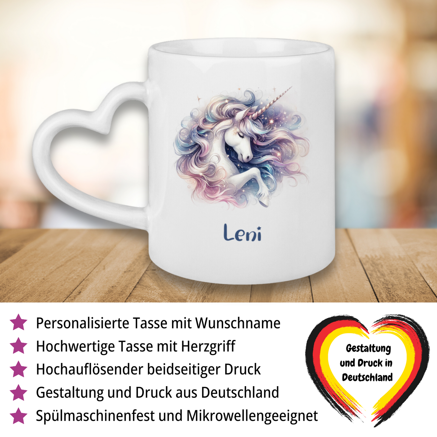 Tasse Herzgriff Einhorn personalisiert mit Wunschname Geschenk Geburtstag