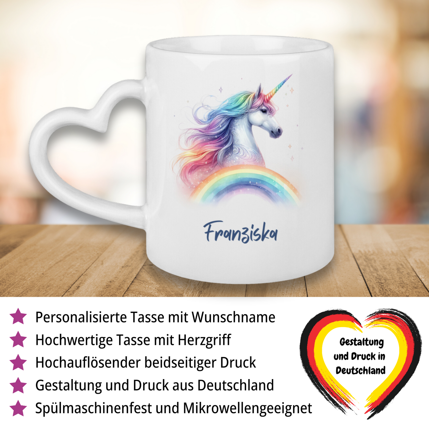 Tasse Herzgriff Einhorn personalisiert mit Wunschname Geschenk Geburtstag