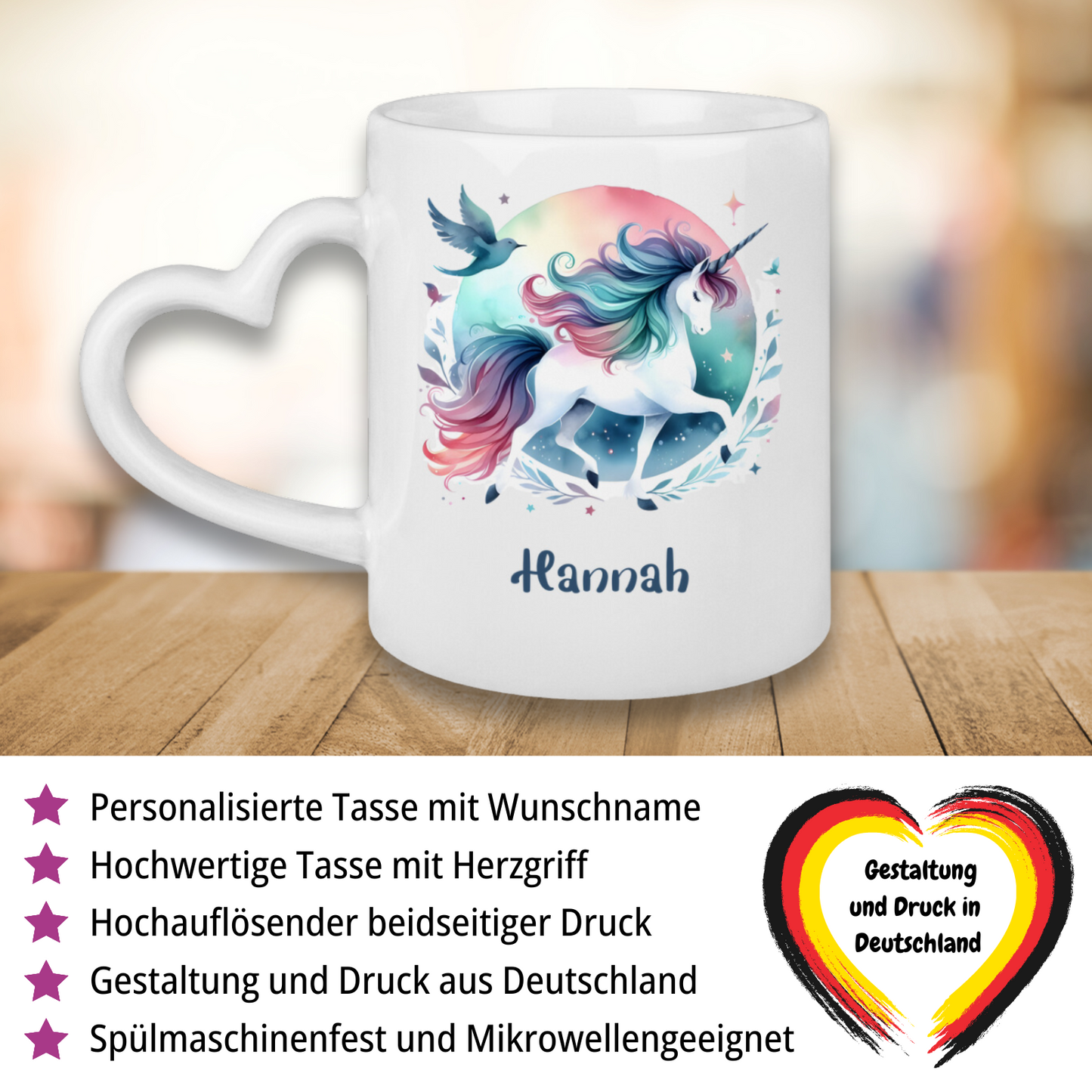 Tasse Herzgriff Einhorn personalisiert mit Wunschname Geschenk Geburtstag