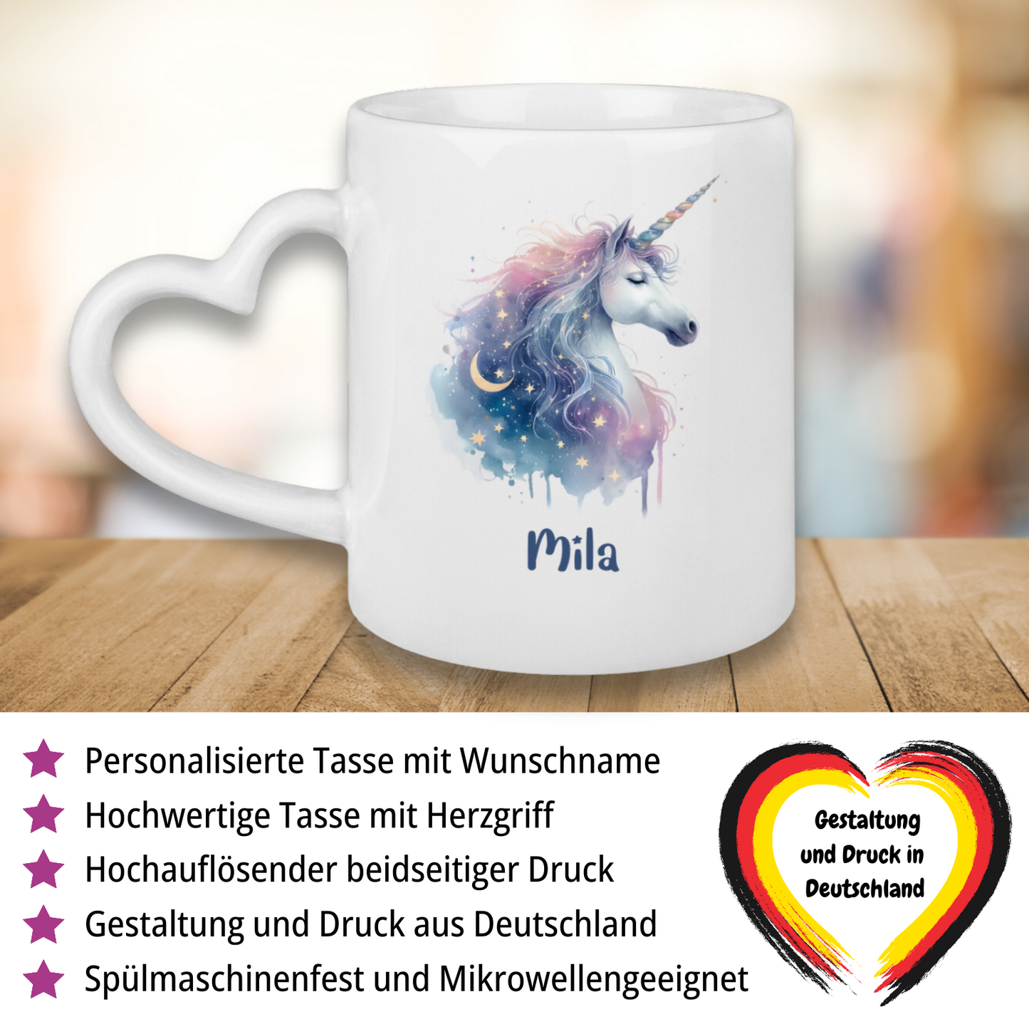 Tasse Herzgriff Einhorn personalisiert mit Wunschname Geschenk Geburtstag