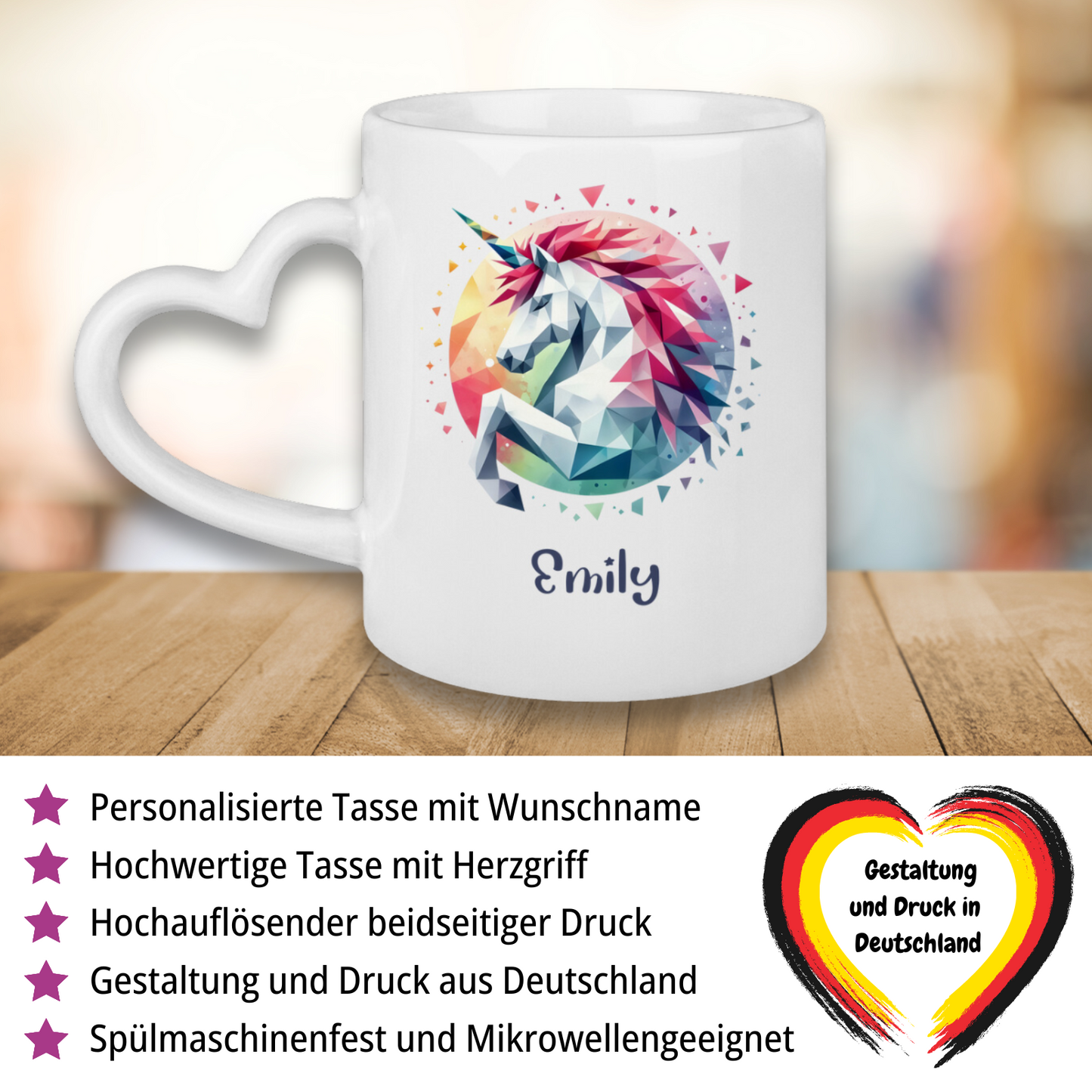 Tasse Herzgriff Einhorn personalisiert mit Wunschname Geschenk Geburtstag