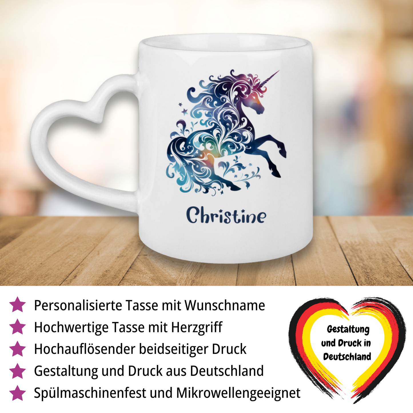 Tasse Herzgriff Einhorn personalisiert mit Wunschname Geschenk Geburtstag