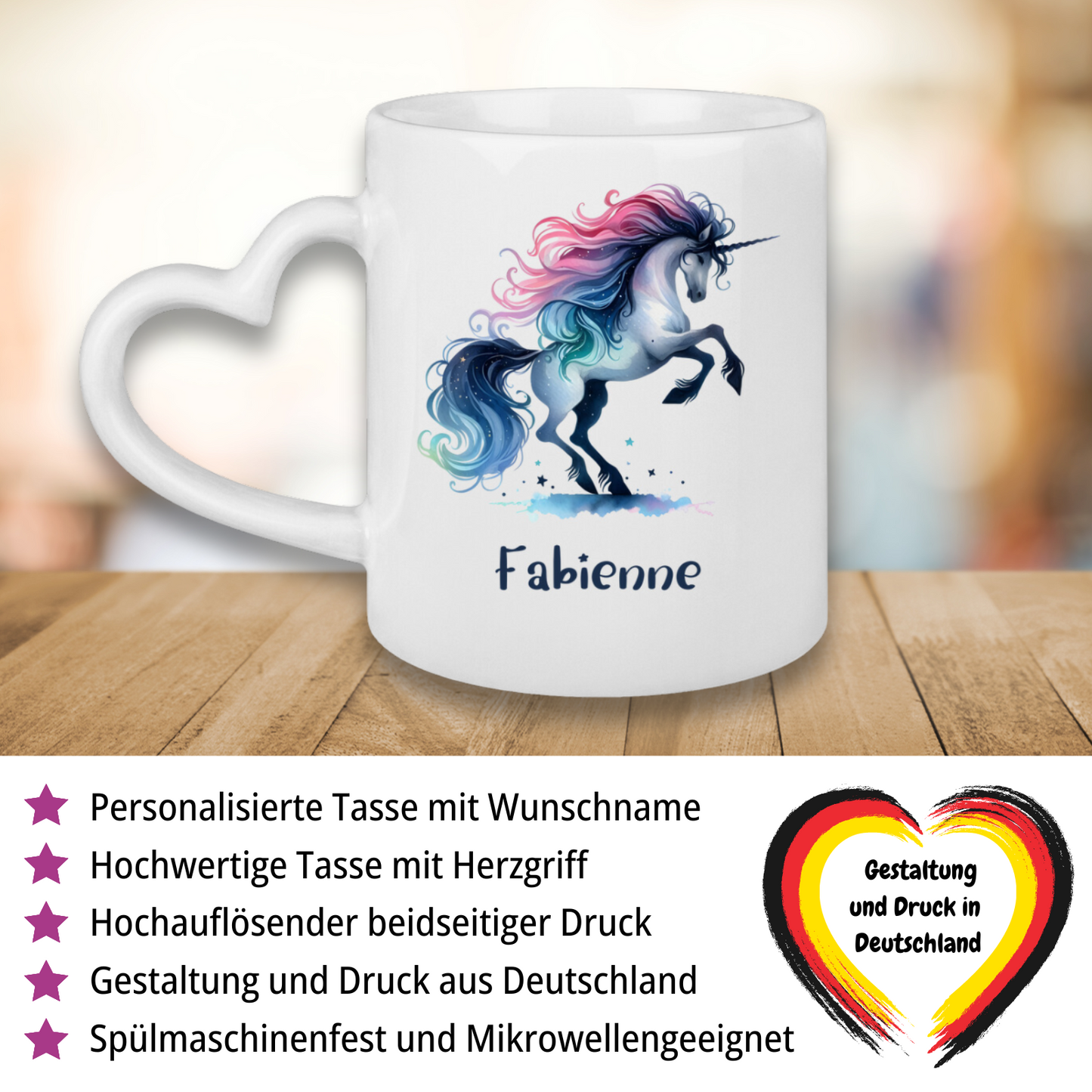 Tasse Herzgriff Einhorn personalisiert mit Wunschname Geschenk Geburtstag