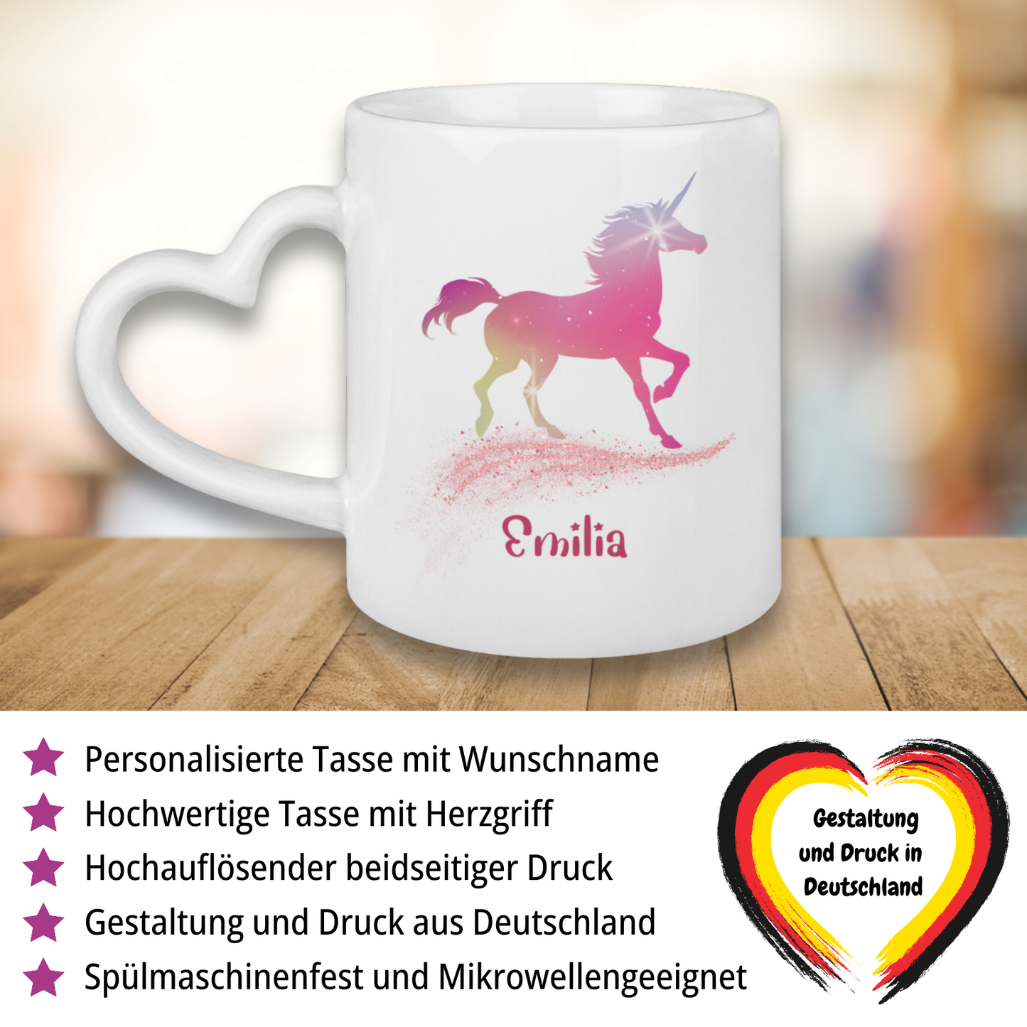 Tasse Herzgriff Einhorn personalisiert mit Wunschname Geschenk Geburtstag