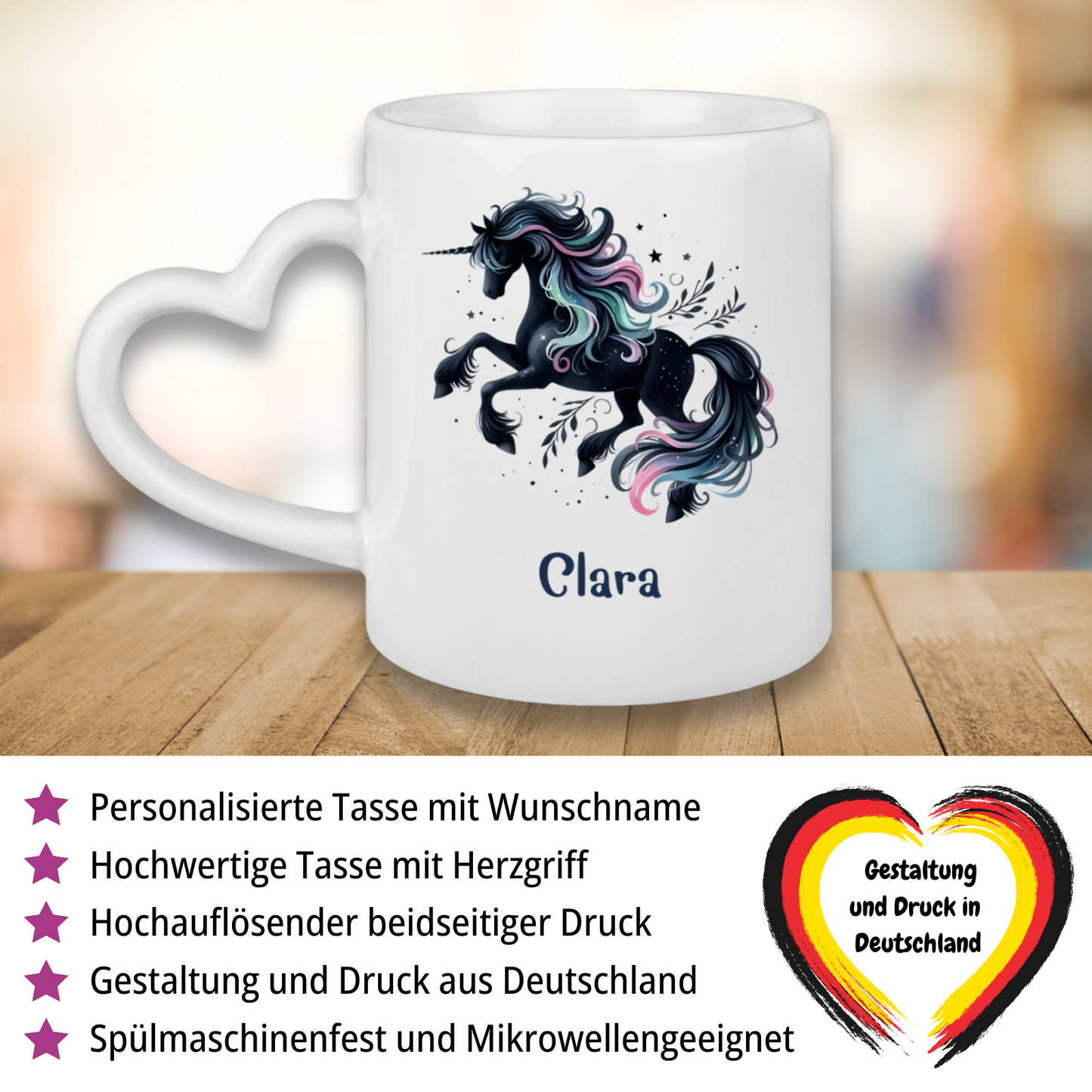 Tasse Herzgriff Einhorn personalisiert mit Wunschname Geschenk Geburtstag