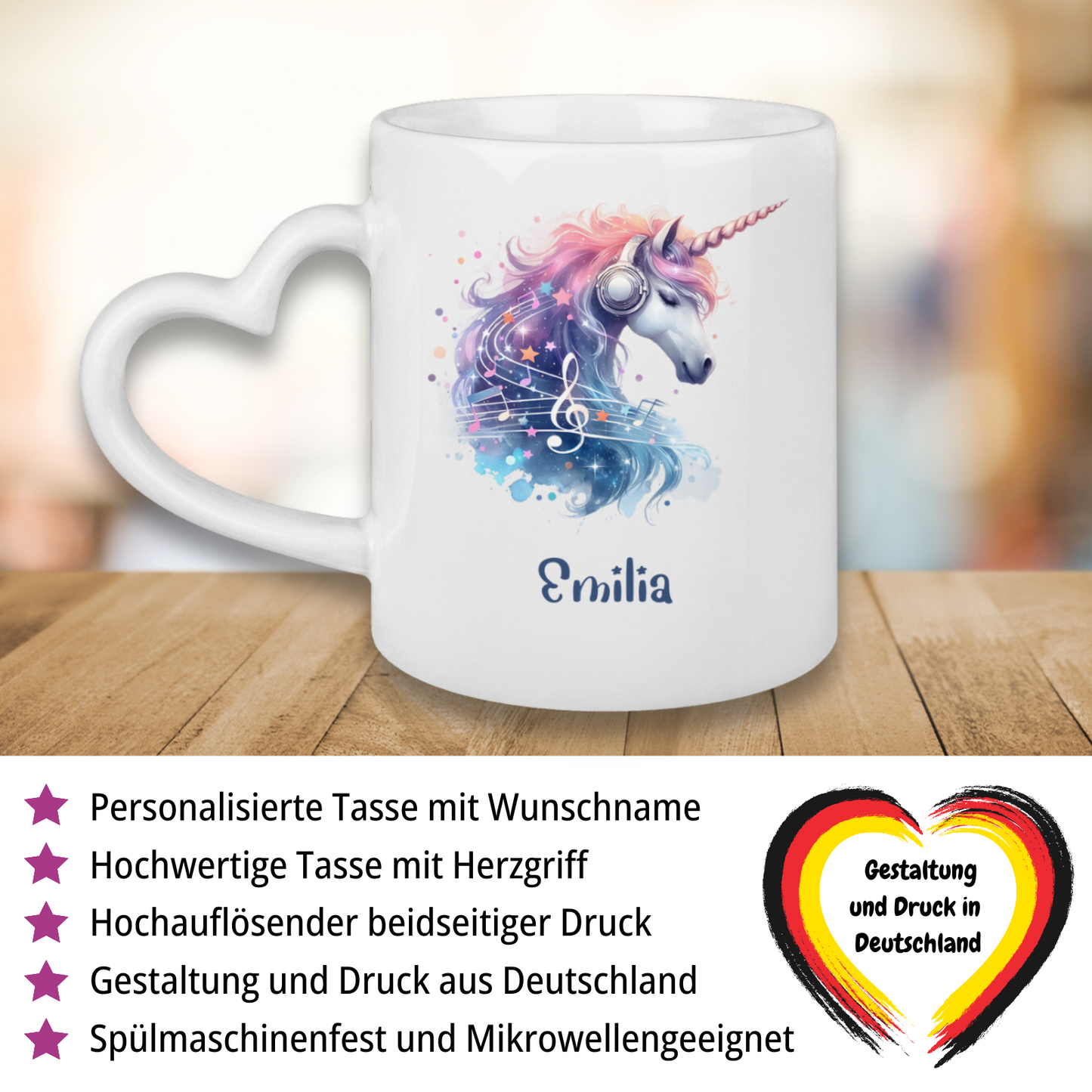 Tasse Herzgriff Einhorn personalisiert mit Wunschname Geschenk Geburtstag