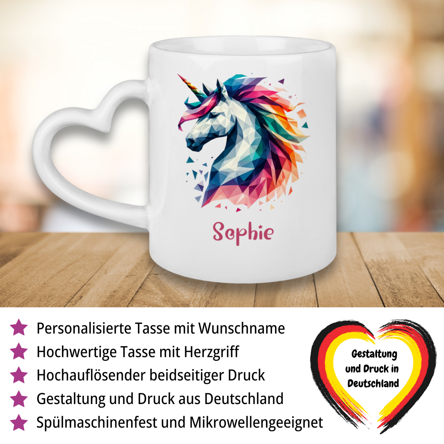 Tasse Herzgriff Einhorn personalisiert mit Wunschname Geschenk Geburtstag