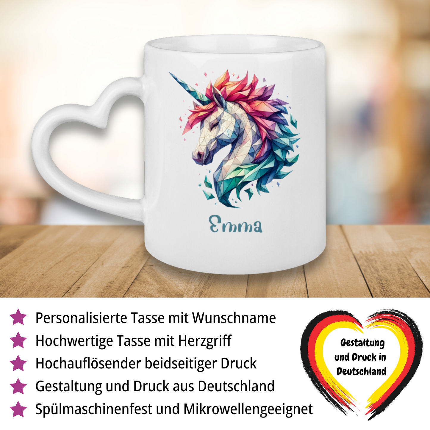 Tasse Herzgriff Einhorn personalisiert mit Wunschname Geschenk Geburtstag