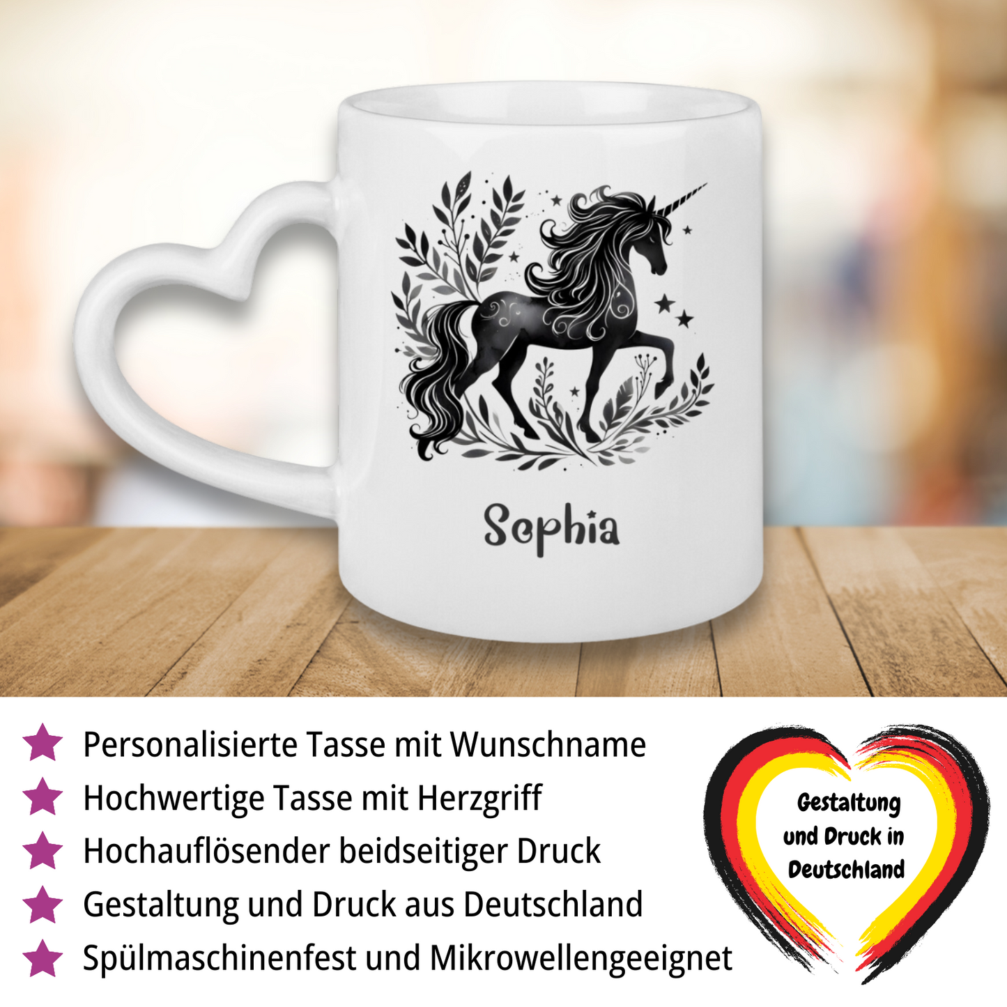 Tasse Herzgriff Einhorn personalisiert mit Wunschname Geschenk Geburtstag