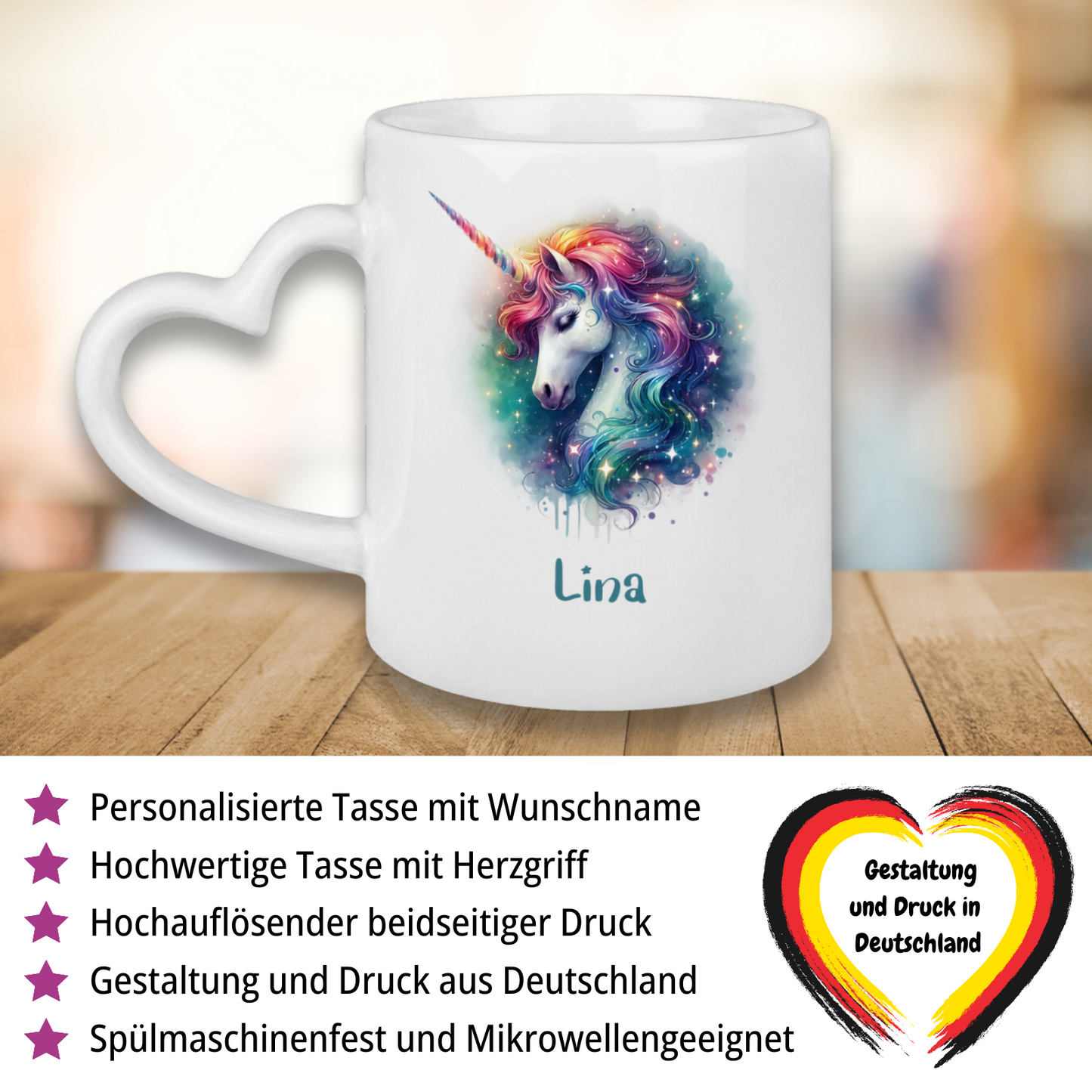 Tasse Herzgriff Einhorn personalisiert mit Wunschname Geschenk Geburtstag