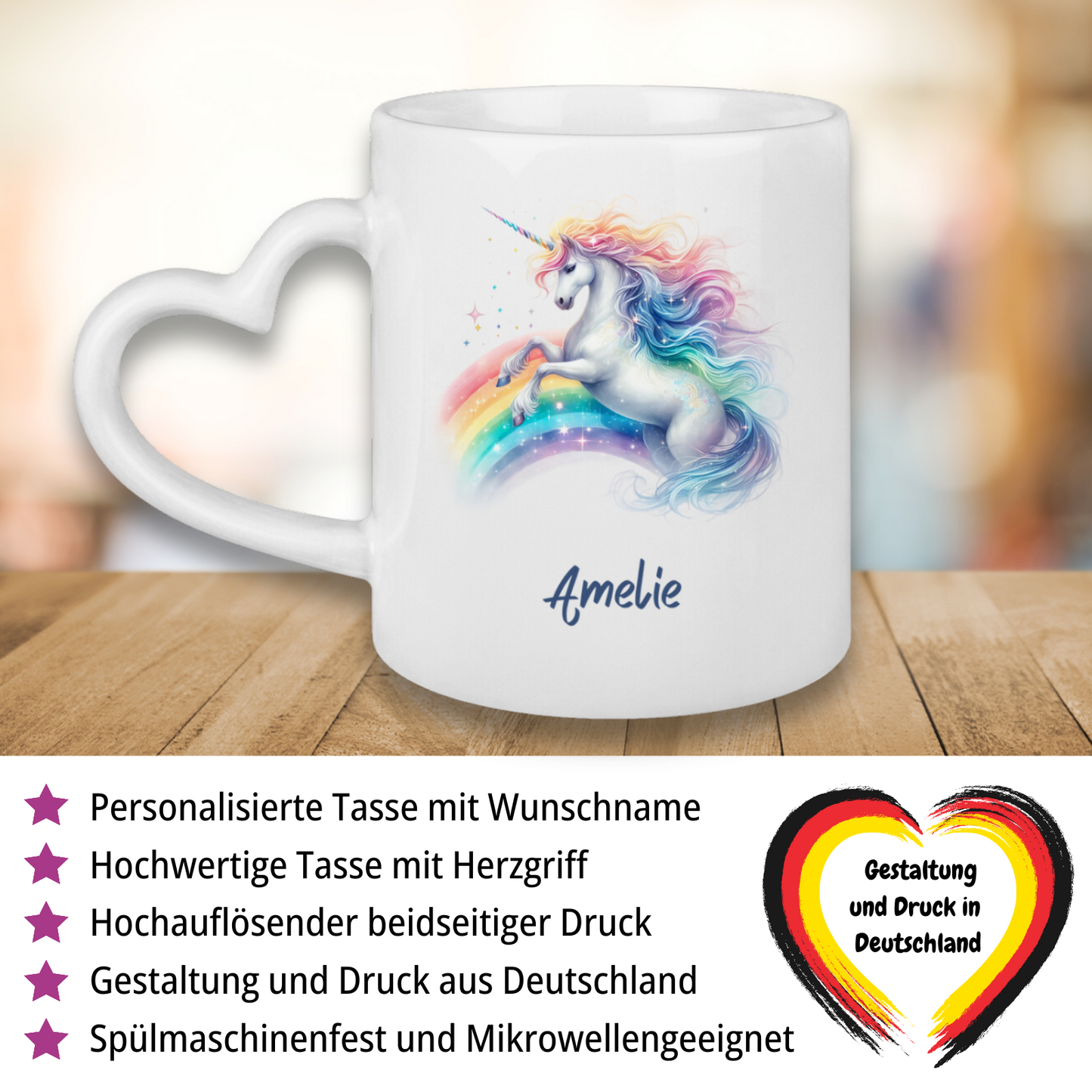 Tasse Herzgriff Einhorn personalisiert mit Wunschname Geschenk Geburtstag