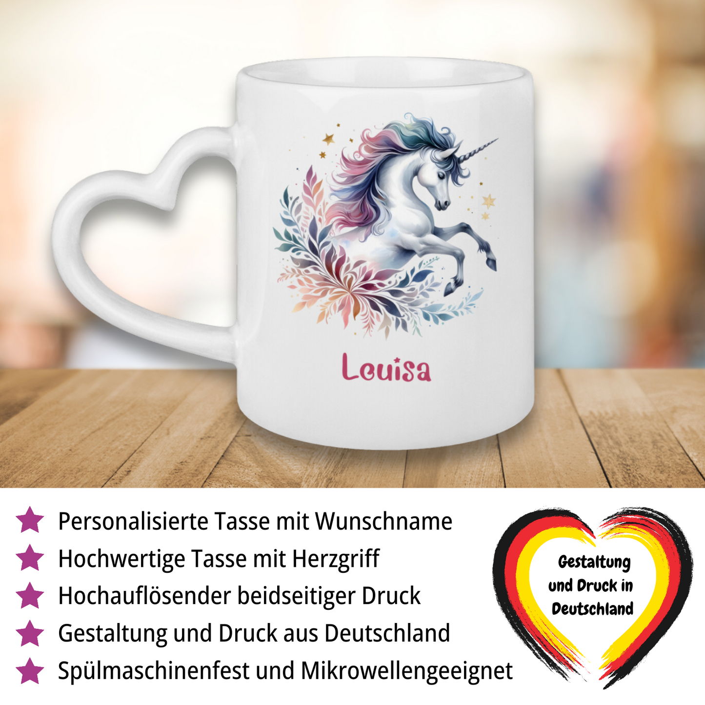 Tasse Herzgriff Einhorn personalisiert mit Wunschname Geschenk Geburtstag